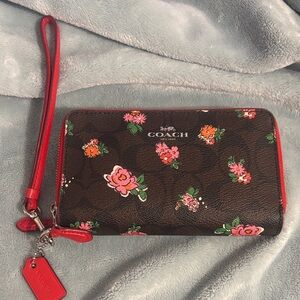 Coach Brown Wristlet Wallet with Red Interior, Accents and Floral Design